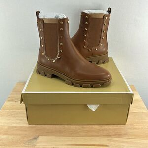 Michael Kors Ridley Studded Leather Gore Lug Sole Booties- Luggage- Size 7.5 M-